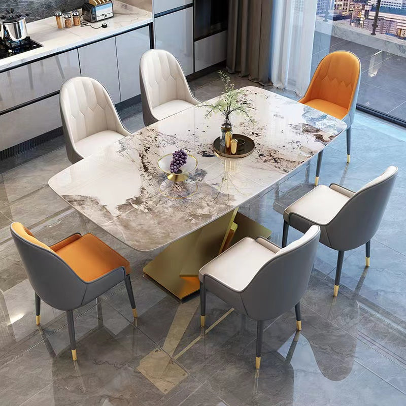 Luxury Sintered Stone Dining Table Rectangle Table with Single Pedestal in Gold Pandora Gold 55.1"L x 31.5"W x 29.5"H Without Chairs Clearhalo 'Dining Tables & Seating' 'Dining Tables' 'dining_table' 'furn' 'furn_dining_table' 'Furniture' 'furniture_dining_table' 'Kitchen & Dining Furniture' 'kitchen' 'kitchen_dining_table' 4808821