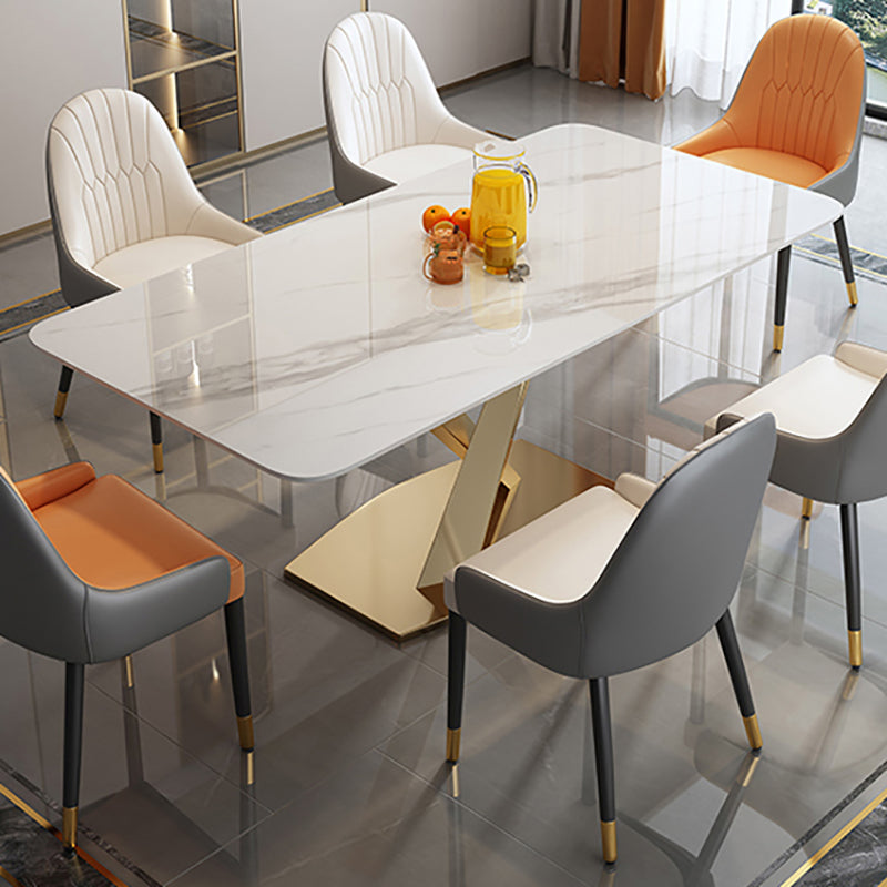 Luxury Sintered Stone Dining Table Rectangle Table with Single Pedestal in Gold White Without Chairs Clearhalo 'Dining Tables & Seating' 'Dining Tables' 'dining_table' 'furn' 'furn_dining_table' 'Furniture' 'furniture_dining_table' 'Kitchen & Dining Furniture' 'kitchen' 'kitchen_dining_table' 4808822