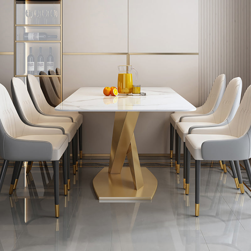 Luxury Sintered Stone Dining Table Rectangle Table with Single Pedestal in Gold White 70.9"L x 35.4"W x 29.5"H Without Chairs Clearhalo 'Dining Tables & Seating' 'Dining Tables' 'dining_table' 'furn' 'furn_dining_table' 'Furniture' 'furniture_dining_table' 'Kitchen & Dining Furniture' 'kitchen' 'kitchen_dining_table' 4808823