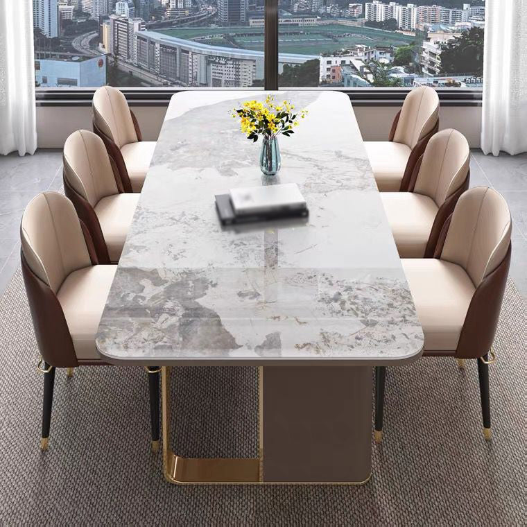 Luxury Sintered Stone Top Dining Set Rectangle 1/4/5/6/7/9 Pieces Dining Table with Chairs 7 Pieces: Table, 6 Chairs Clearhalo 'Dining Room Sets' 'Dining Tables & Seating' 'dining_room_set' 'furn' 'furn_dining_room_set' 'Furniture' 'furniture_dining_room_set' 'Kitchen & Dining Furniture' 4818058