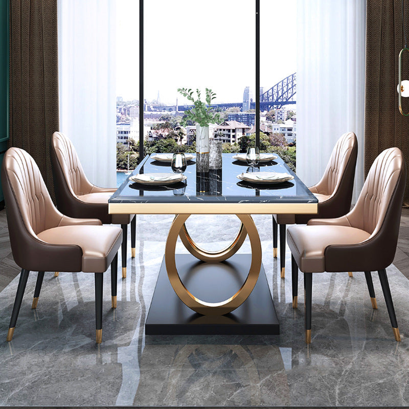 Luxury Marble Dining Table for Restaurant Rectangle Table with Metal Pedestal in Gold Black 55.1"L x 31.5"W x 29.5"H Without Chairs Clearhalo 'Dining Tables & Seating' 'Dining Tables' 'dining_table' 'furn' 'furn_dining_table' 'Furniture' 'furniture_dining_table' 'Kitchen & Dining Furniture' 'kitchen' 'kitchen_dining_table' 4818176