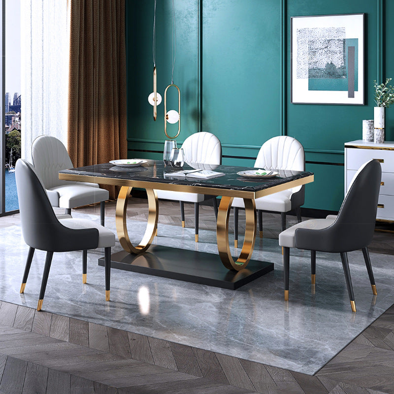 Luxury Marble Dining Table for Restaurant Rectangle Table with Metal Pedestal in Gold Black 63"L x 35.4"W x 29.5"H Without Chairs Clearhalo 'Dining Tables & Seating' 'Dining Tables' 'dining_table' 'furn' 'furn_dining_table' 'Furniture' 'furniture_dining_table' 'Kitchen & Dining Furniture' 'kitchen' 'kitchen_dining_table' 4818177