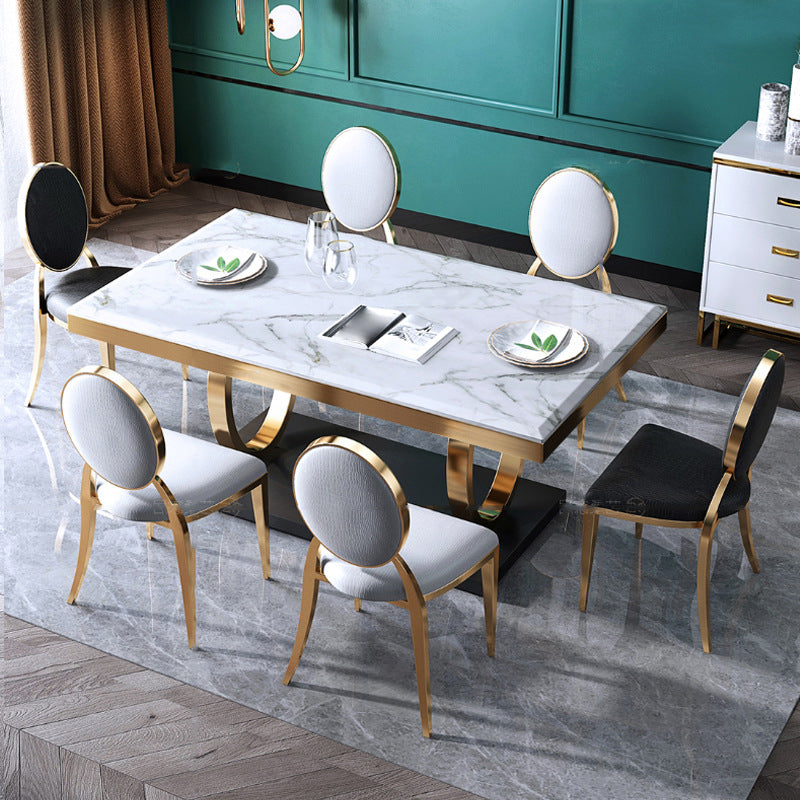 Luxury Marble Dining Table for Restaurant Rectangle Table with Metal Pedestal in Gold White Without Chairs Clearhalo 'Dining Tables & Seating' 'Dining Tables' 'dining_table' 'furn' 'furn_dining_table' 'Furniture' 'furniture_dining_table' 'Kitchen & Dining Furniture' 'kitchen' 'kitchen_dining_table' 4818179