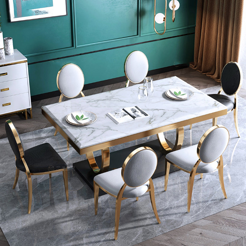 Luxury Marble Dining Table for Restaurant Rectangle Table with Metal Pedestal in Gold Clearhalo 'Dining Tables & Seating' 'Dining Tables' 'dining_table' 'furn' 'furn_dining_table' 'Furniture' 'furniture_dining_table' 'Kitchen & Dining Furniture' 'kitchen' 'kitchen_dining_table' 4818186