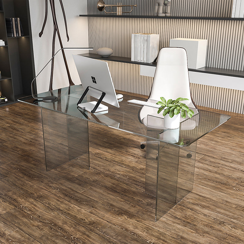 Glass Contemporary Rectangular Dining Table Clear Glass Table with Double Pedestal Clear Without Chairs Clearhalo 'Dining Tables & Seating' 'Dining Tables' 'dining_table' 'furn' 'furn_dining_table' 'Furniture' 'furniture_dining_table' 'Kitchen & Dining Furniture' 'kitchen' 'kitchen_dining_table' 4818257