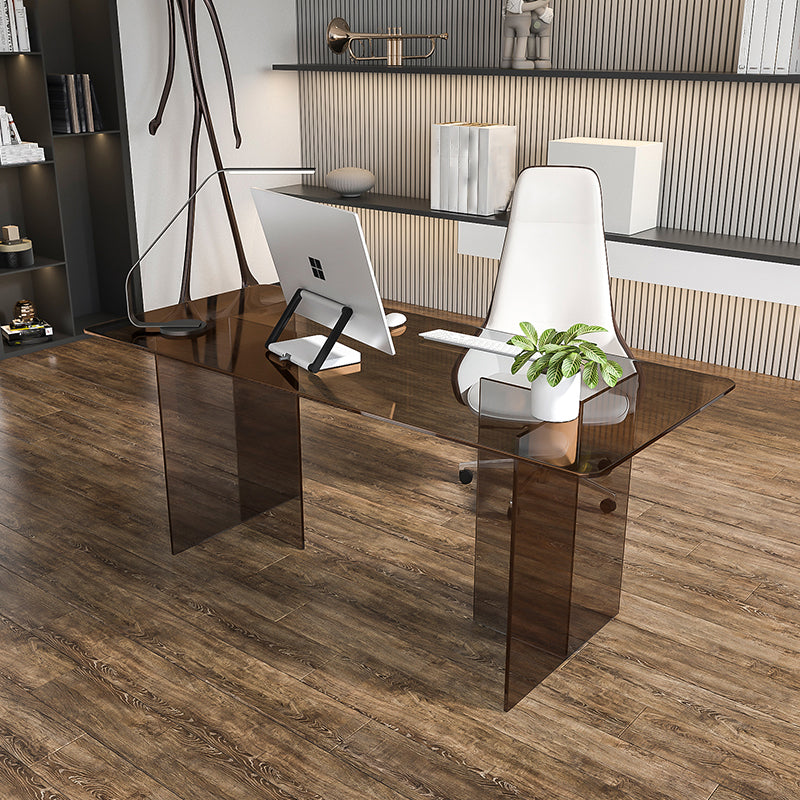 Glass Contemporary Rectangular Dining Table Clear Glass Table with Double Pedestal Brown Without Chairs Clearhalo 'Dining Tables & Seating' 'Dining Tables' 'dining_table' 'furn' 'furn_dining_table' 'Furniture' 'furniture_dining_table' 'Kitchen & Dining Furniture' 'kitchen' 'kitchen_dining_table' 4818258