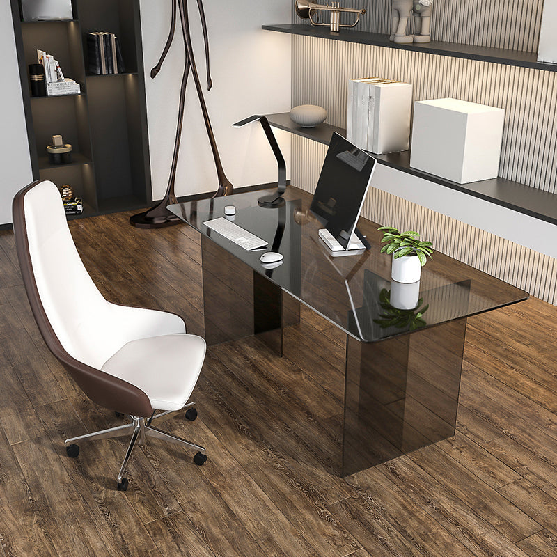 Glass Contemporary Rectangular Dining Table Clear Glass Table with Double Pedestal Grey 70.9"L x 31.5"W x 29.5"H Without Chairs Clearhalo 'Dining Tables & Seating' 'Dining Tables' 'dining_table' 'furn' 'furn_dining_table' 'Furniture' 'furniture_dining_table' 'Kitchen & Dining Furniture' 'kitchen' 'kitchen_dining_table' 4818259