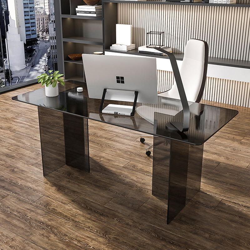 Glass Contemporary Rectangular Dining Table Clear Glass Table with Double Pedestal Grey 63"L x 31.5"W x 29.5"H Without Chairs Clearhalo 'Dining Tables & Seating' 'Dining Tables' 'dining_table' 'furn' 'furn_dining_table' 'Furniture' 'furniture_dining_table' 'Kitchen & Dining Furniture' 'kitchen' 'kitchen_dining_table' 4818260