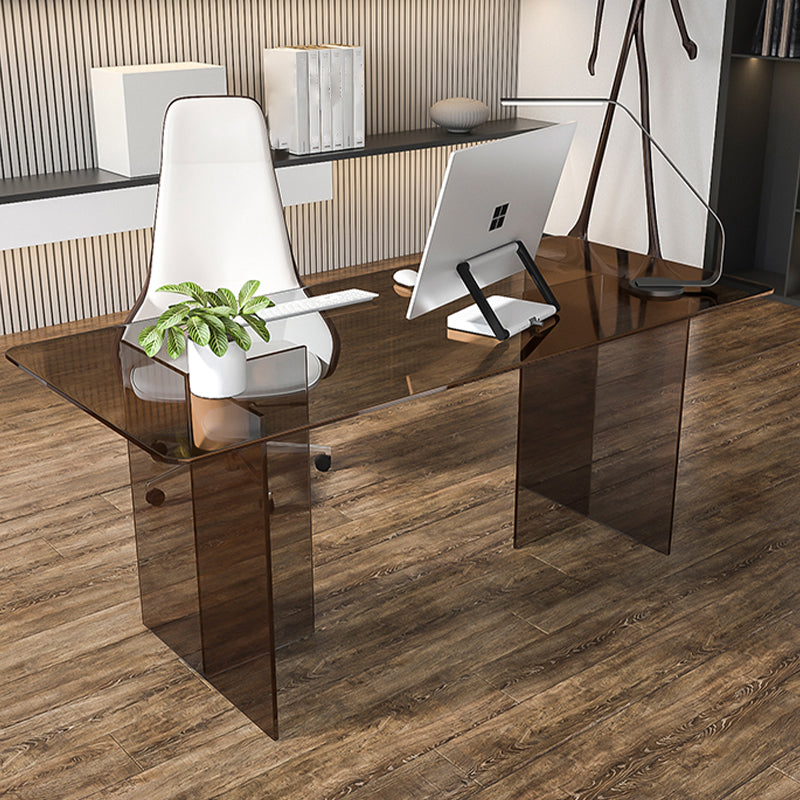 Glass Contemporary Rectangular Dining Table Clear Glass Table with Double Pedestal Clearhalo 'Dining Tables & Seating' 'Dining Tables' 'dining_table' 'furn' 'furn_dining_table' 'Furniture' 'furniture_dining_table' 'Kitchen & Dining Furniture' 'kitchen' 'kitchen_dining_table' 4818265