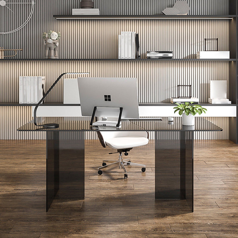 Glass Contemporary Rectangular Dining Table Clear Glass Table with Double Pedestal Clearhalo 'Dining Tables & Seating' 'Dining Tables' 'dining_table' 'furn' 'furn_dining_table' 'Furniture' 'furniture_dining_table' 'Kitchen & Dining Furniture' 'kitchen' 'kitchen_dining_table' 4818266