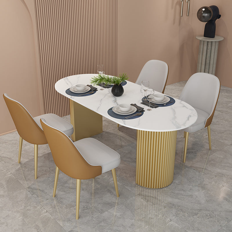 Metal Base Contemporary Oval Dining Table Double Pedestal Table for Dining Room White 55.1"L x 31.5"W x 29.5"H Without Chairs Clearhalo 'Dining Tables & Seating' 'Dining Tables' 'dining_table' 'furn' 'furn_dining_table' 'Furniture' 'furniture_dining_table' 'Kitchen & Dining Furniture' 'kitchen' 'kitchen_dining_table' 4818301