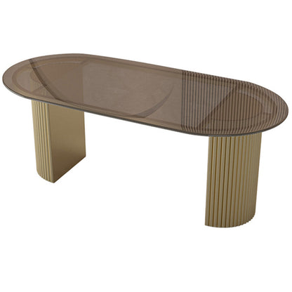 Metal Base Contemporary Oval Dining Table Double Pedestal Table for Dining Room Brown Without Chairs Clearhalo 'Dining Tables & Seating' 'Dining Tables' 'dining_table' 'furn' 'furn_dining_table' 'Furniture' 'furniture_dining_table' 'Kitchen & Dining Furniture' 'kitchen' 'kitchen_dining_table' 4818304