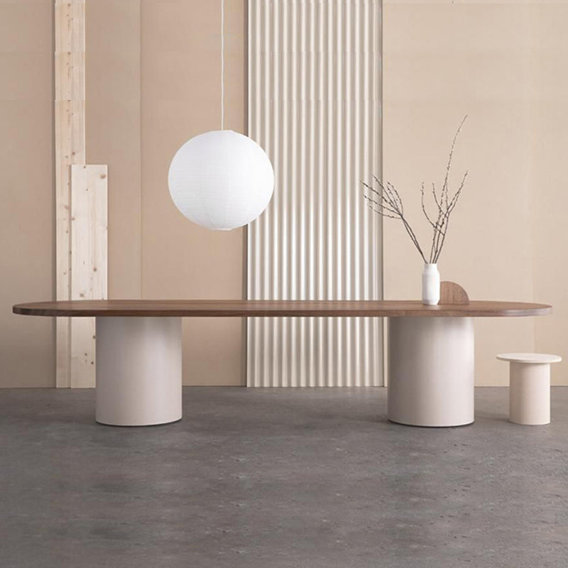 Modern Pine Wood Table for Restaurant Oval Dining Table with Double Pedestal Brown 63"L x 27.6"W x 29.5"H Without Chairs Clearhalo 'Dining Tables & Seating' 'Dining Tables' 'dining_table' 'furn' 'furn_dining_table' 'Furniture' 'furniture_dining_table' 'Kitchen & Dining Furniture' 'kitchen' 'kitchen_dining_table' 4818395