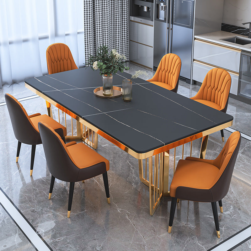 Glam Sintered Stone Double Pedestal Table Home Rectangle Dining Table Black Gold 55.1"L x 31.5"W x 29.5"H Without Chairs Clearhalo 'Dining Tables & Seating' 'Dining Tables' 'dining_table' 'furn' 'furn_dining_table' 'Furniture' 'furniture_dining_table' 'Kitchen & Dining Furniture' 'kitchen' 'kitchen_dining_table' 4818410