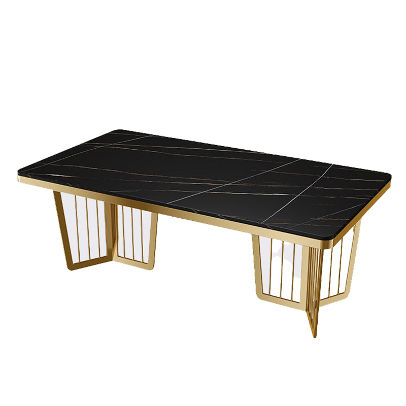 Glam Sintered Stone Double Pedestal Table Home Rectangle Dining Table Black Gold Without Chairs Clearhalo 'Dining Tables & Seating' 'Dining Tables' 'dining_table' 'furn' 'furn_dining_table' 'Furniture' 'furniture_dining_table' 'Kitchen & Dining Furniture' 'kitchen' 'kitchen_dining_table' 4818411