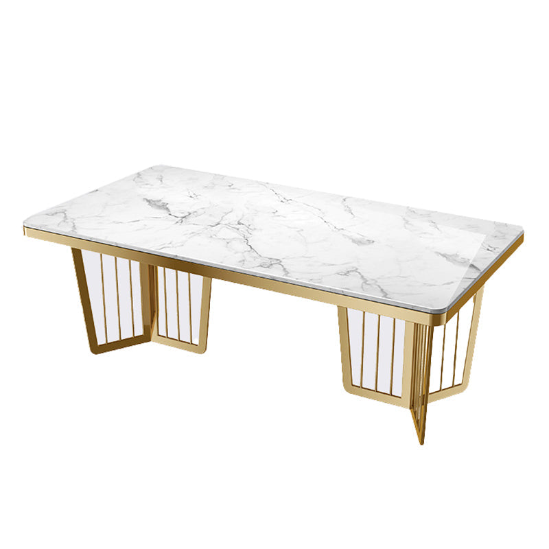 Glam Sintered Stone Double Pedestal Table Home Rectangle Dining Table White Grey Without Chairs Clearhalo 'Dining Tables & Seating' 'Dining Tables' 'dining_table' 'furn' 'furn_dining_table' 'Furniture' 'furniture_dining_table' 'Kitchen & Dining Furniture' 'kitchen' 'kitchen_dining_table' 4818413
