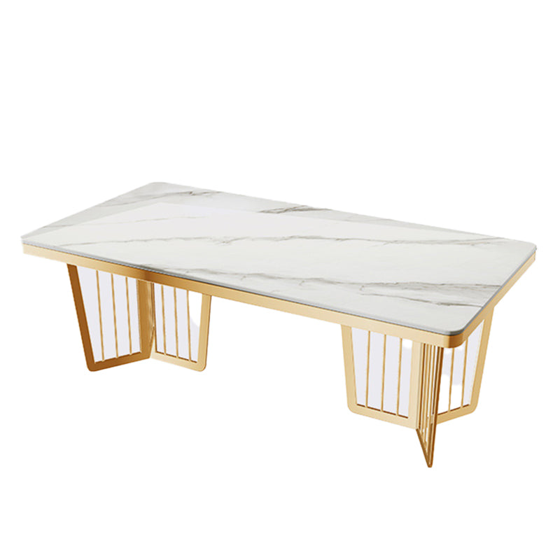 Glam Sintered Stone Double Pedestal Table Home Rectangle Dining Table Gloss White Without Chairs Clearhalo 'Dining Tables & Seating' 'Dining Tables' 'dining_table' 'furn' 'furn_dining_table' 'Furniture' 'furniture_dining_table' 'Kitchen & Dining Furniture' 'kitchen' 'kitchen_dining_table' 4818416