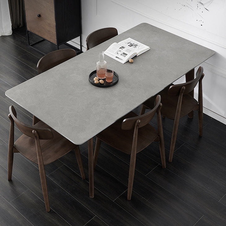 Stone Rectangle Top Table Mid-Century Modern Dining Table with 4 Wood Legs Grey 63"L x 31.5"W x 29.5"H Without Chairs Clearhalo 'Dining Tables & Seating' 'Dining Tables' 'dining_table' 'furn' 'furn_dining_table' 'Furniture' 'furniture_dining_table' 'Kitchen & Dining Furniture' 'kitchen' 'kitchen_dining_table' 4818507