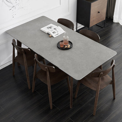 Stone Rectangle Top Table Mid-Century Modern Dining Table with 4 Wood Legs Grey 51.2"L x 31.5"W x 29.5"H Without Chairs Clearhalo 'Dining Tables & Seating' 'Dining Tables' 'dining_table' 'furn' 'furn_dining_table' 'Furniture' 'furniture_dining_table' 'Kitchen & Dining Furniture' 'kitchen' 'kitchen_dining_table' 4818509