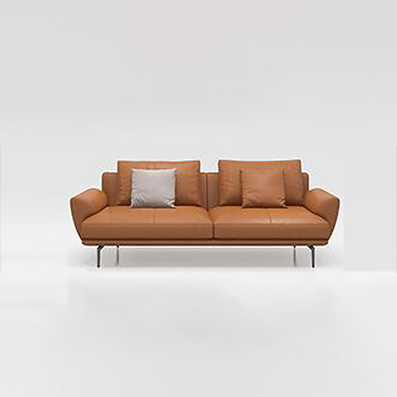 Tan Recessed Arm Sectionals Pillowed Back Cushions Corner Sofa 90"L x 35"W x 35"H Genuine Leather Clearhalo 'furn' 'furn_sectionals' 'Furniture' 'furniture_sectionals' 'kitchen' 'kitchen_sectionals' 'Living Room Furniture' 'Sectionals' 4819708