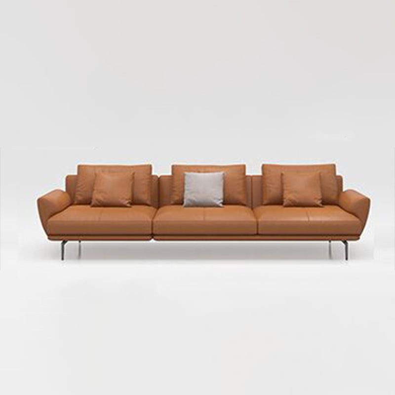 Tan Recessed Arm Sectionals Pillowed Back Cushions Corner Sofa 129"L x 35"W x 35"H Genuine Leather Clearhalo 'furn' 'furn_sectionals' 'Furniture' 'furniture_sectionals' 'kitchen' 'kitchen_sectionals' 'Living Room Furniture' 'Sectionals' 4819710