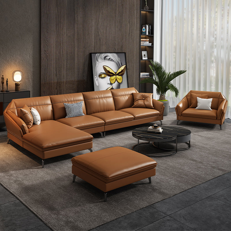 Sloped Arms Genuine Leather Sectional Sofa 35.43"High Cushion Back Sofa, Dark Brown Clearhalo 'furn' 'furn_sectionals' 'Furniture' 'furniture_sectionals' 'kitchen' 'kitchen_sectionals' 'Living Room Furniture' 'Sectionals' 4819736