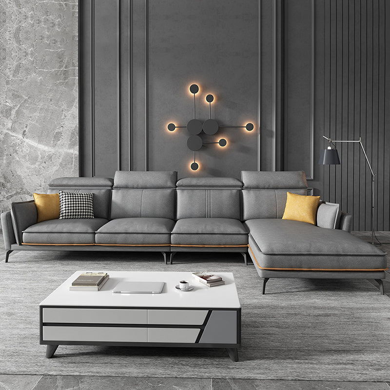 Modern Square Arm Cushion Back Sectional Faux Leather Sofa and Chaise in Dark Gray 126"L x 67"W x 35"H Sponge Clearhalo 'furn' 'furn_sectionals' 'Furniture' 'furniture_sectionals' 'kitchen' 'kitchen_sectionals' 'Living Room Furniture' 'Sectionals' 4819779