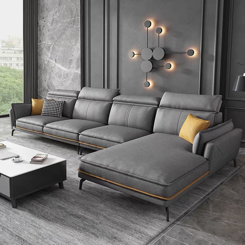 Modern Square Arm Cushion Back Sectional Faux Leather Sofa and Chaise in Dark Gray 126"L x 67"W x 35"H Latex Clearhalo 'furn' 'furn_sectionals' 'Furniture' 'furniture_sectionals' 'kitchen' 'kitchen_sectionals' 'Living Room Furniture' 'Sectionals' 4819782