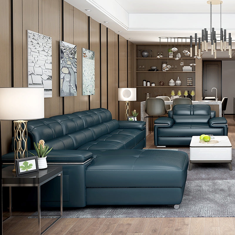 Genuine Leather Sectional 34.65"High Pillow Top Arm Sofa with Storage, Blue Clearhalo 'furn' 'furn_sectionals' 'Furniture' 'furniture_sectionals' 'kitchen' 'kitchen_sectionals' 'Living Room Furniture' 'Sectionals' 4819801