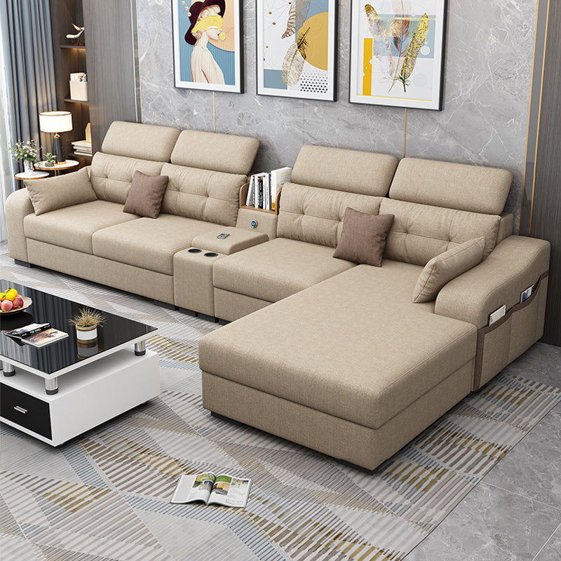 Recessed Arm Pillowed Back Cushions Sofa and Chaise Linen/Faux Leather Sectional Cotton Blend Light Yellow Clearhalo 'furn' 'furn_sectionals' 'Furniture' 'furniture_sectionals' 'kitchen' 'kitchen_sectionals' 'Living Room Furniture' 'Sectionals' 4819817