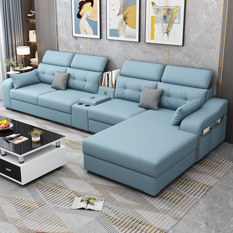Recessed Arm Pillowed Back Cushions Sofa and Chaise Linen/Faux Leather Sectional Cotton Blend Sky Blue Latex Clearhalo 'furn' 'furn_sectionals' 'Furniture' 'furniture_sectionals' 'kitchen' 'kitchen_sectionals' 'Living Room Furniture' 'Sectionals' 4819820