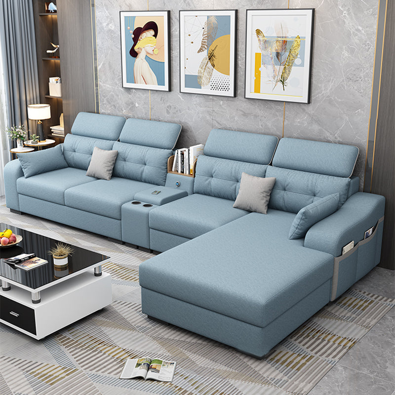 Recessed Arm Pillowed Back Cushions Sofa and Chaise Linen/Faux Leather Sectional Faux Leather Sky Blue Clearhalo 'furn' 'furn_sectionals' 'Furniture' 'furniture_sectionals' 'kitchen' 'kitchen_sectionals' 'Living Room Furniture' 'Sectionals' 4819823