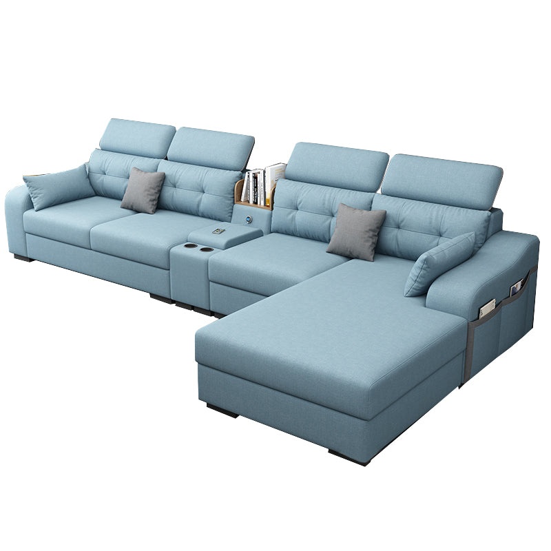 Recessed Arm Pillowed Back Cushions Sofa and Chaise Linen/Faux Leather Sectional Cotton Blend Sky Blue Sponge Clearhalo 'furn' 'furn_sectionals' 'Furniture' 'furniture_sectionals' 'kitchen' 'kitchen_sectionals' 'Living Room Furniture' 'Sectionals' 4819825