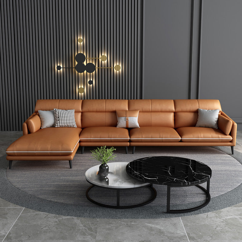 Faux Leather Recessed Arm Sofa Stain-Resistant Sectional with Pillowed Back Brown Sponge Clearhalo 'furn' 'furn_sectionals' 'Furniture' 'furniture_sectionals' 'kitchen' 'kitchen_sectionals' 'Living Room Furniture' 'Sectionals' 4819830