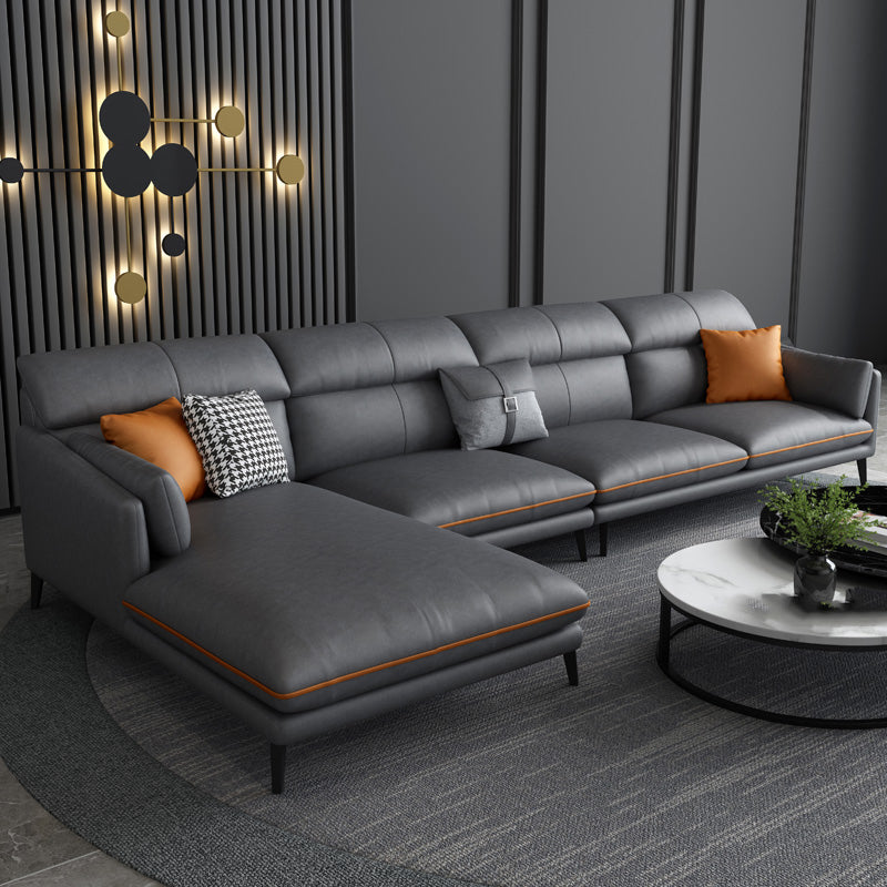 Faux Leather Recessed Arm Sofa Stain-Resistant Sectional with Pillowed Back Dark Gray Clearhalo 'furn' 'furn_sectionals' 'Furniture' 'furniture_sectionals' 'kitchen' 'kitchen_sectionals' 'Living Room Furniture' 'Sectionals' 4819831