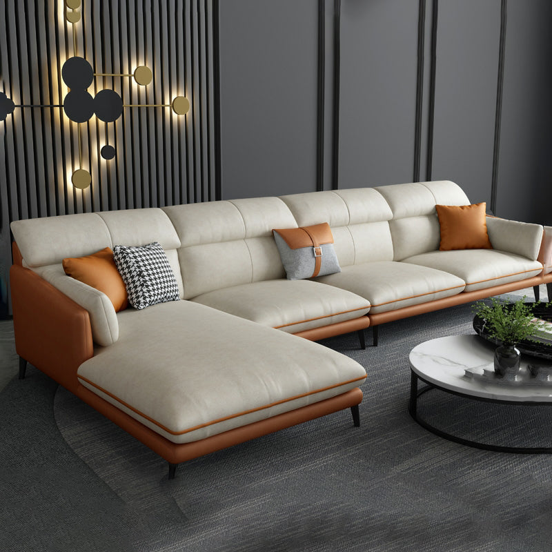 Faux Leather Recessed Arm Sofa Stain-Resistant Sectional with Pillowed Back White-Orange Clearhalo 'furn' 'furn_sectionals' 'Furniture' 'furniture_sectionals' 'kitchen' 'kitchen_sectionals' 'Living Room Furniture' 'Sectionals' 4819832