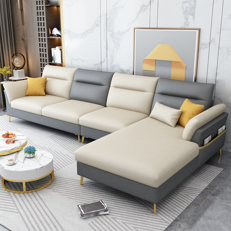 124.01" L x 70.86" W x 35.43" H Faux Leather Sectional Pillow Top Arm Sofa and Chaise Grey-Light Yellow Clearhalo 'furn' 'furn_sectionals' 'Furniture' 'furniture_sectionals' 'kitchen' 'kitchen_sectionals' 'Living Room Furniture' 'Sectionals' 4819840