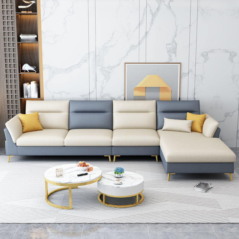 124.01" L x 70.86" W x 35.43" H Faux Leather Sectional Pillow Top Arm Sofa and Chaise Dark Blue-Yellow Sponge Clearhalo 'furn' 'furn_sectionals' 'Furniture' 'furniture_sectionals' 'kitchen' 'kitchen_sectionals' 'Living Room Furniture' 'Sectionals' 4819842