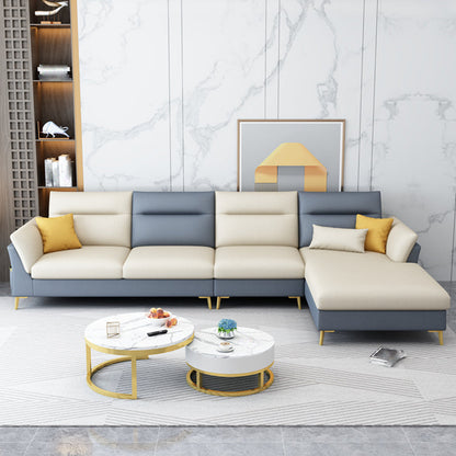 124.01" L x 70.86" W x 35.43" H Faux Leather Sectional Pillow Top Arm Sofa and Chaise Dark Blue-Yellow Sponge Clearhalo 'furn' 'furn_sectionals' 'Furniture' 'furniture_sectionals' 'kitchen' 'kitchen_sectionals' 'Living Room Furniture' 'Sectionals' 4819842