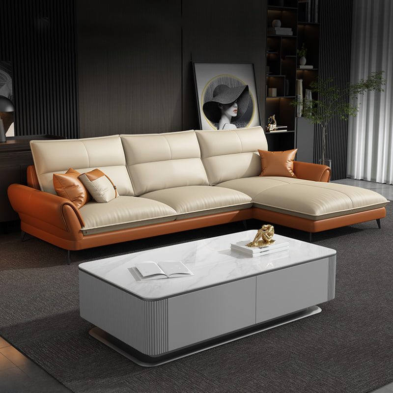 Modern Cream Genuine Leather Sofa Pillow Top Arm Sectional for Apartment 94.5"L x 65"W x 34"H Latex Clearhalo 'furn' 'furn_sectionals' 'Furniture' 'furniture_sectionals' 'kitchen' 'kitchen_sectionals' 'Living Room Furniture' 'Sectionals' 4819882