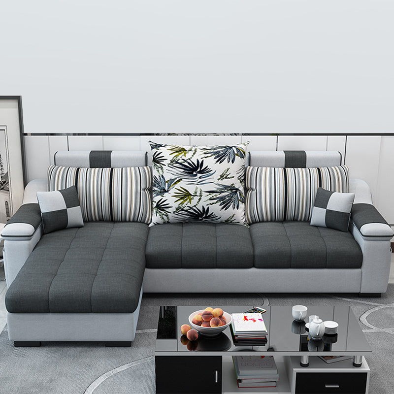 Dark Gray Pillow Top Arm Sectional Upholstered Cushions Back Sofa and Chaise 83"L x 55"W x 29.5"H Cotton Blend Latex Clearhalo 'furn' 'furn_sectionals' 'Furniture' 'furniture_sectionals' 'kitchen' 'kitchen_sectionals' 'Living Room Furniture' 'Sectionals' 4819929
