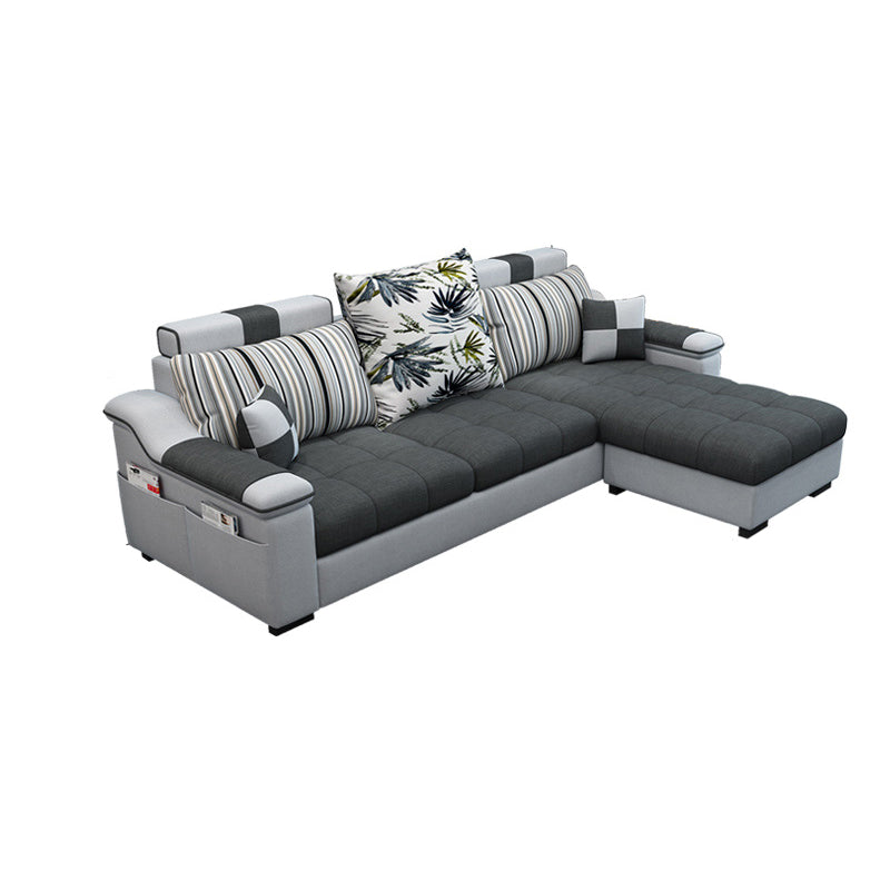 Dark Gray Pillow Top Arm Sectional Upholstered Cushions Back Sofa and Chaise 83"L x 55"W x 29.5"H Cotton Blend Sponge Clearhalo 'furn' 'furn_sectionals' 'Furniture' 'furniture_sectionals' 'kitchen' 'kitchen_sectionals' 'Living Room Furniture' 'Sectionals' 4819937