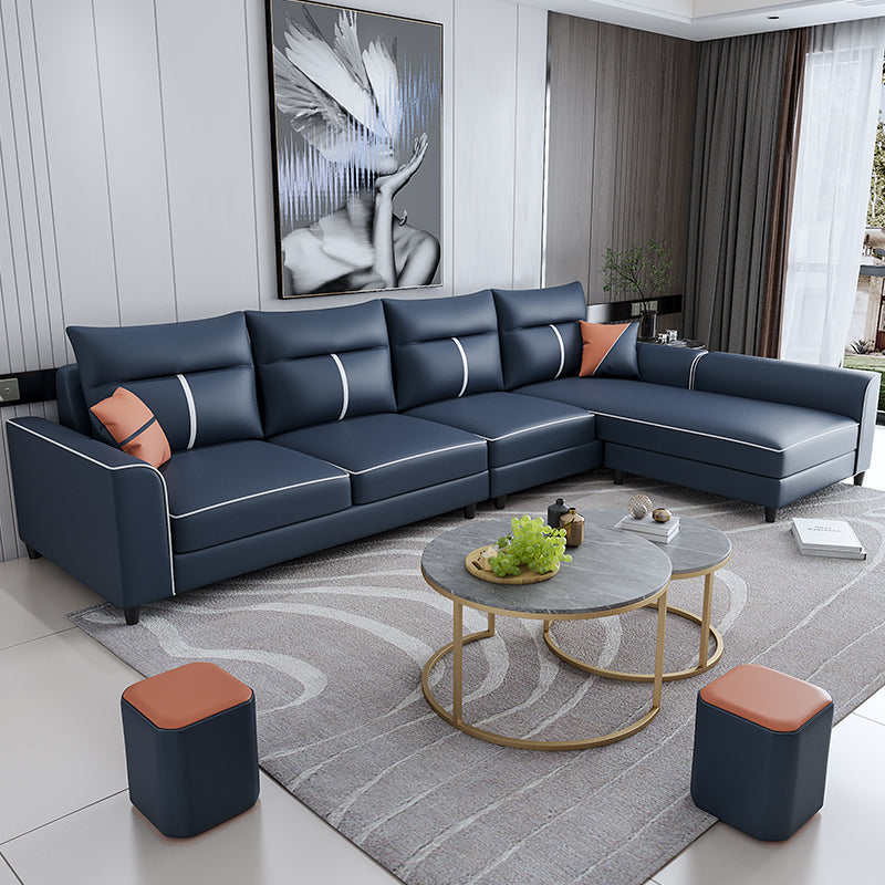 Modern Faux Leather Square Arm Sectional Pillowed Back Cushions Sofa and Chaise 118"L x 67"W x 37"H Royal Blue Sponge Clearhalo 'furn' 'furn_sectionals' 'Furniture' 'furniture_sectionals' 'kitchen' 'kitchen_sectionals' 'Living Room Furniture' 'Sectionals' 4819963