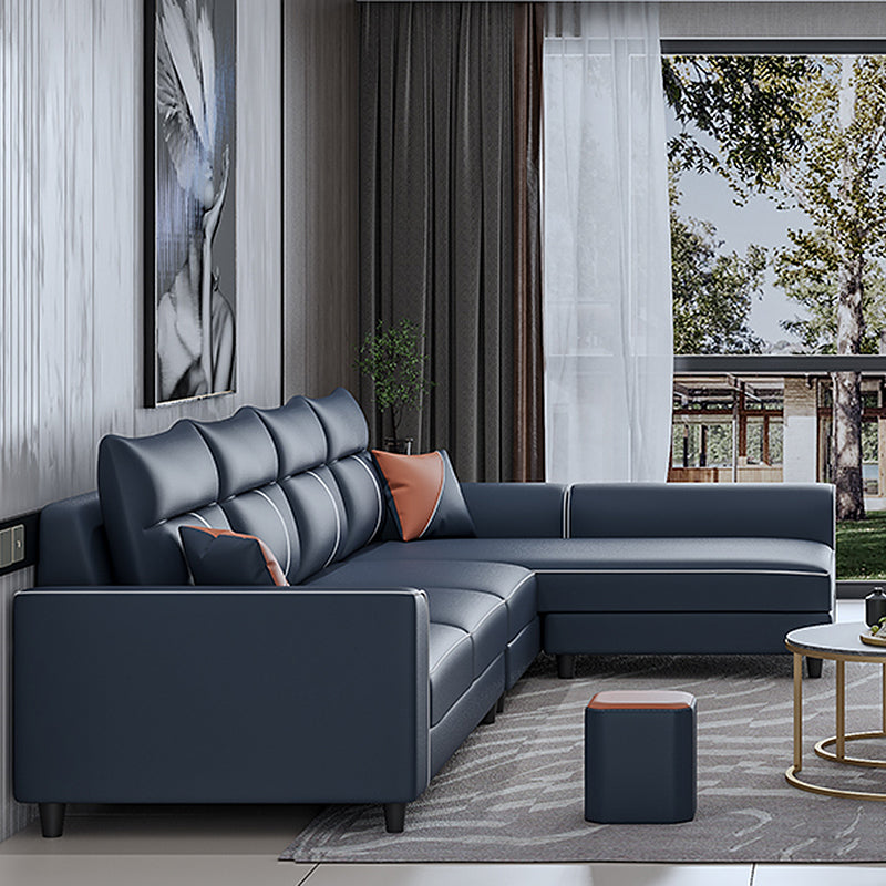 Modern Faux Leather Square Arm Sectional Pillowed Back Cushions Sofa and Chaise 118"L x 67"W x 37"H Royal Blue Latex Clearhalo 'furn' 'furn_sectionals' 'Furniture' 'furniture_sectionals' 'kitchen' 'kitchen_sectionals' 'Living Room Furniture' 'Sectionals' 4819965