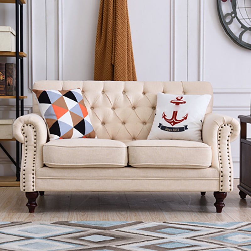 33.4"H Country Linen/Microfiber/Faux Leather Rolled Arm Tufted Sofa 57"L x 31.5"W x 33.5"H Clearhalo 'furn' 'furn_sofas' 'Furniture' 'furniture_sofas' 'kitchen' 'kitchen_sofas' 'Living Room Furniture' 'Sofa' 'sofas' 4820060