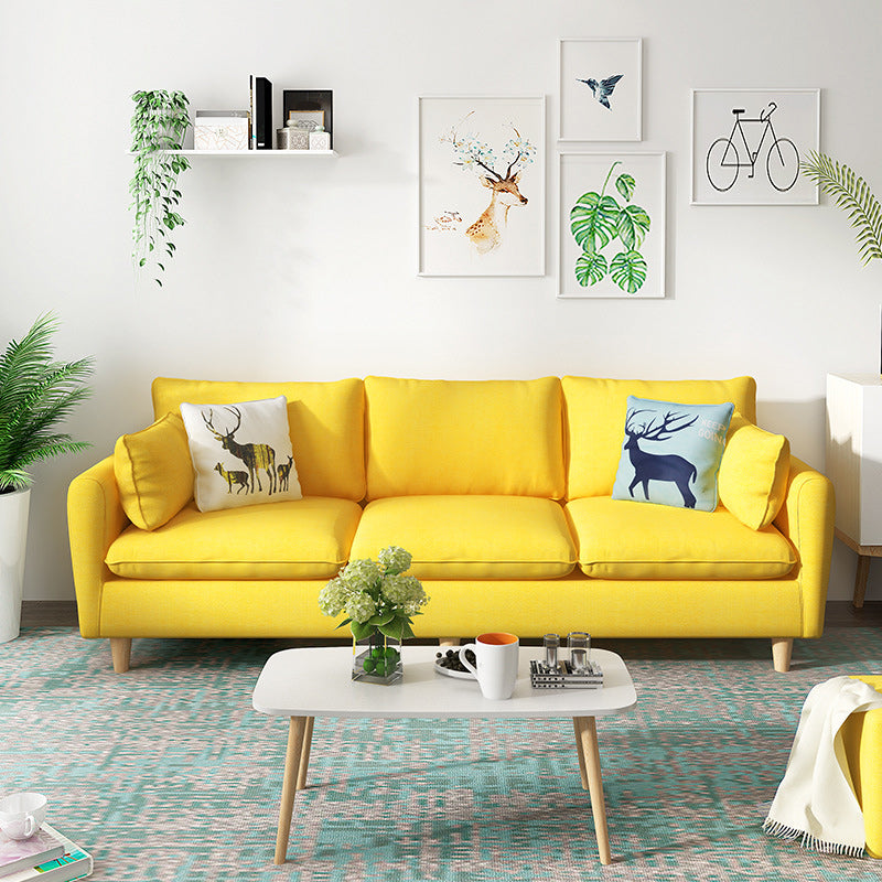 Fabric 3 Seater Settee Furniture Square Arm Standard Sofa with 3 Pillows Yellow Clearhalo 'furn' 'furn_sofas' 'Furniture' 'furniture_sofas' 'kitchen' 'kitchen_sofas' 'Living Room Furniture' 'Sofa' 'sofas' 4820206