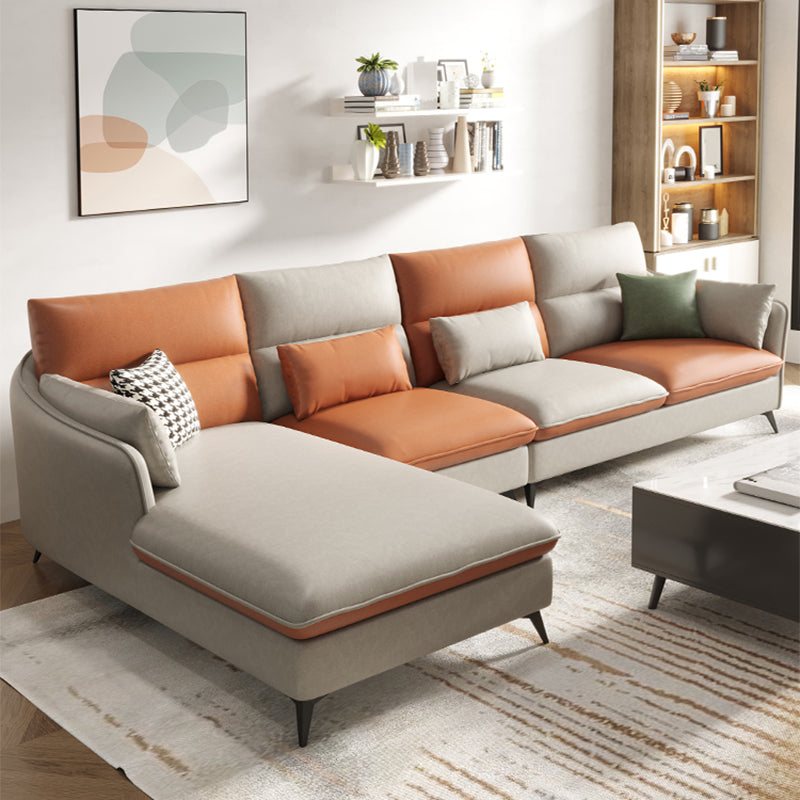 Faux Leather Sloped Arms Sectional with Pillowed Back Cushions for Living Room White-Brown Clearhalo 'furn' 'furn_sectionals' 'Furniture' 'furniture_sectionals' 'kitchen' 'kitchen_sectionals' 'Living Room Furniture' 'Sectionals' 4820798