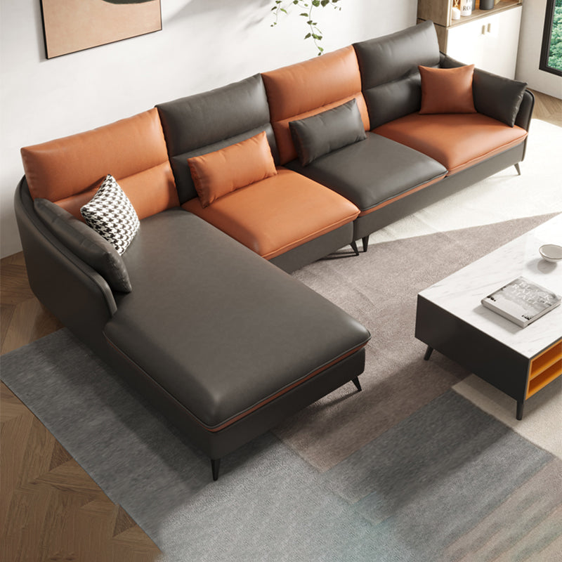 Faux Leather Sloped Arms Sectional with Pillowed Back Cushions for Living Room 122"L x 67"W x 35"H Gray-Brown Clearhalo 'furn' 'furn_sectionals' 'Furniture' 'furniture_sectionals' 'kitchen' 'kitchen_sectionals' 'Living Room Furniture' 'Sectionals' 4820799