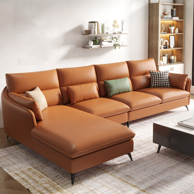 Faux Leather Sloped Arms Sectional with Pillowed Back Cushions for Living Room Brown Clearhalo 'furn' 'furn_sectionals' 'Furniture' 'furniture_sectionals' 'kitchen' 'kitchen_sectionals' 'Living Room Furniture' 'Sectionals' 4820802