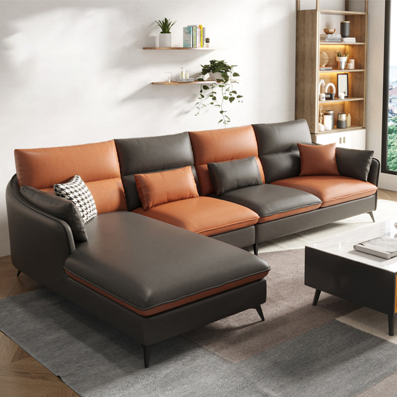 Faux Leather Sloped Arms Sectional with Pillowed Back Cushions for Living Room 106"L x 67"W x 35"H Gray-Brown Clearhalo 'furn' 'furn_sectionals' 'Furniture' 'furniture_sectionals' 'kitchen' 'kitchen_sectionals' 'Living Room Furniture' 'Sectionals' 4820805